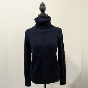 J. Crew, navy blue, cable knit, turtleneck sweater.